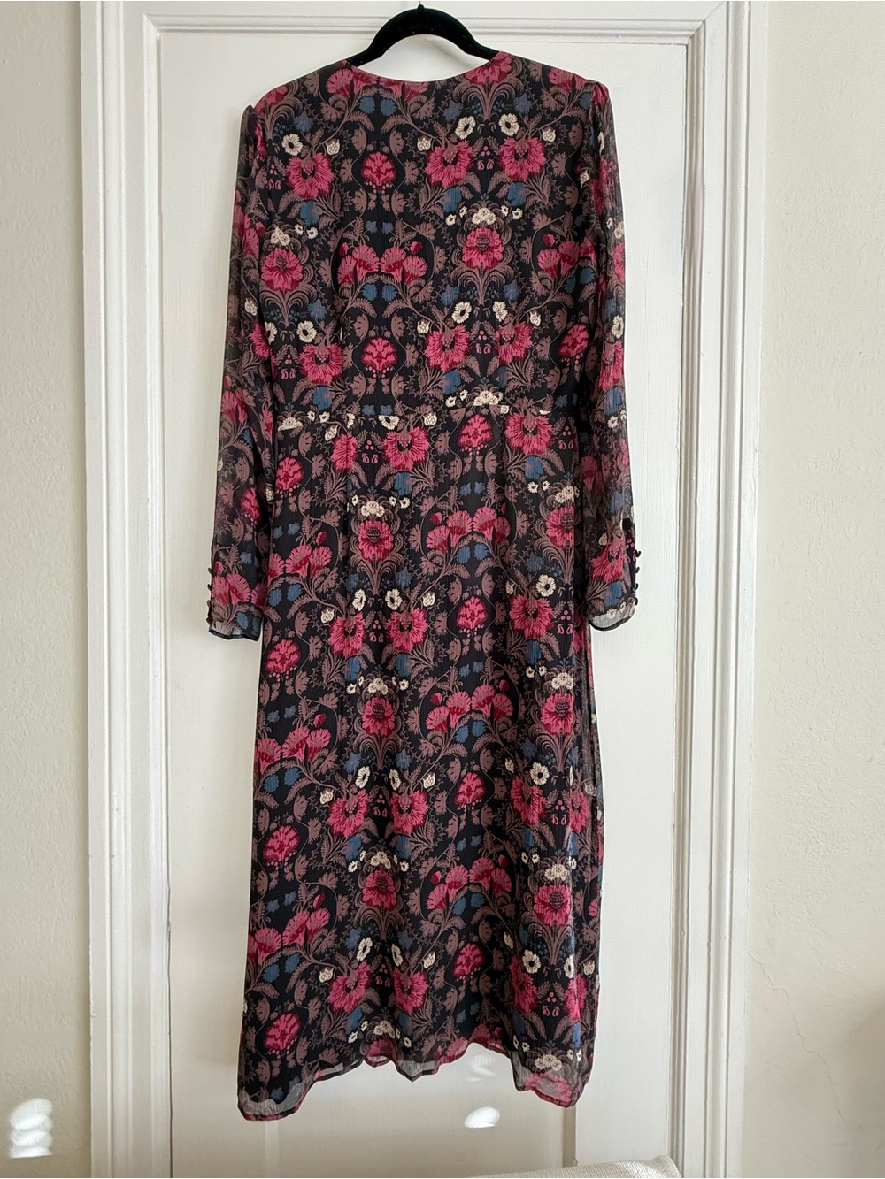 PAIGE Ledara Black Silk Dark Floral Long Sleeved Wrap Midi Dress - Picture 3 of 9